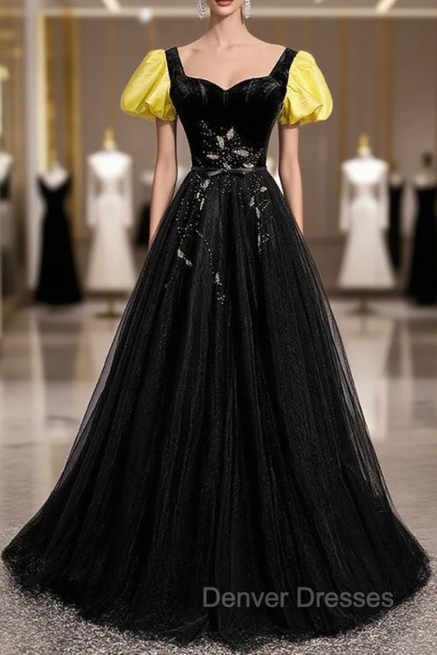 Black Velvet Tulle Square Short Sleeve Prom Dress Main image