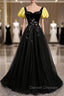 Black Velvet Tulle Square Short Sleeve Prom Dress