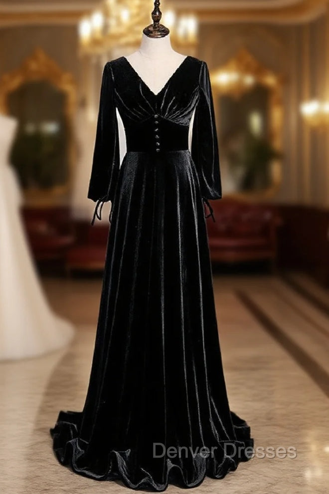 Black Velvet V-neck Long Sleeve Button Prom Dress