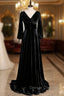 Black Velvet V-neck Long Sleeve Button Prom Dress