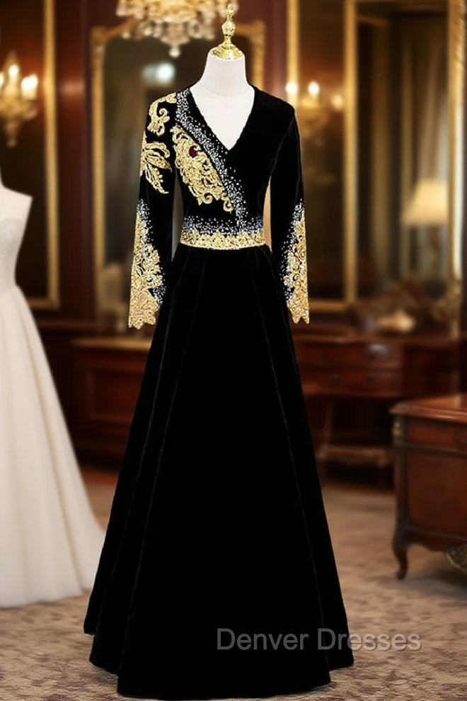 Black Velvet V-neck Long Sleeve Gold Beading Prom Dress Main image