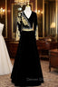 Black Velvet V-neck Long Sleeve Gold Beading Prom Dress