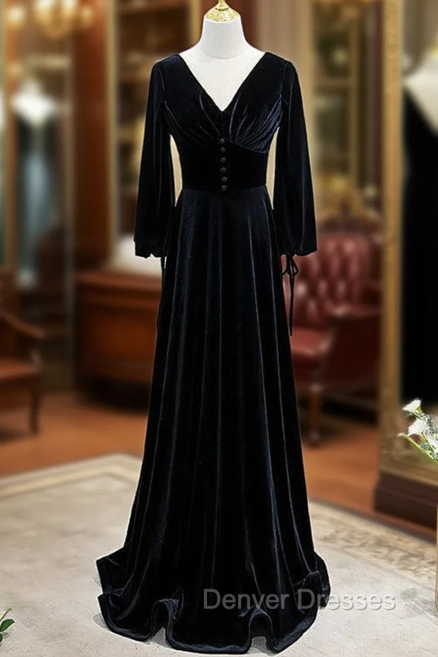 Black Velvet V-neck Long Sleeve Prom Dress Main image