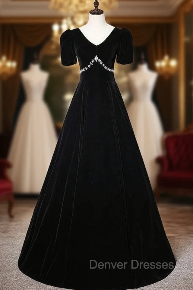 Black Velvet V-neck Short Sleeve Crystal Prom Dress Main image