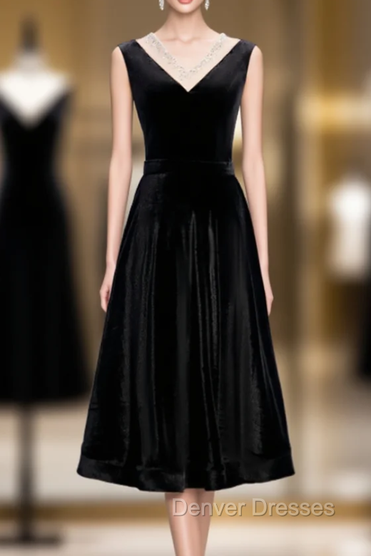 Black Velvet V-neck Short Sleeve Tea Length Prom Dress Main image