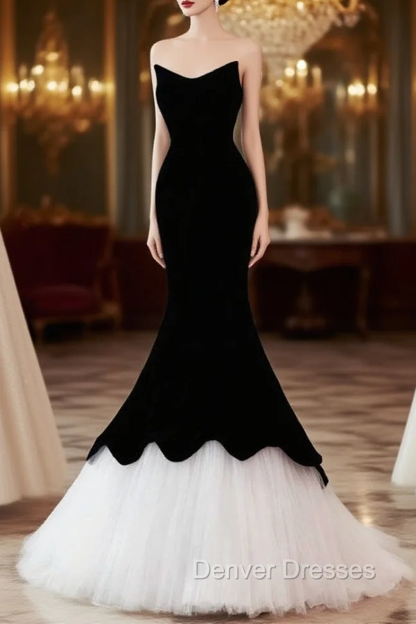 Black Velvet White Tulle Strapless Prom Dress