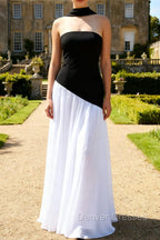 Black White A-Line Strapless Formal Dress With Halter Scarf