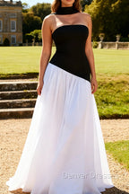 Black White A-Line Strapless Formal Dress With Halter Scarf