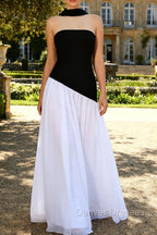 Black White A-Line Strapless Formal Dress With Halter Scarf