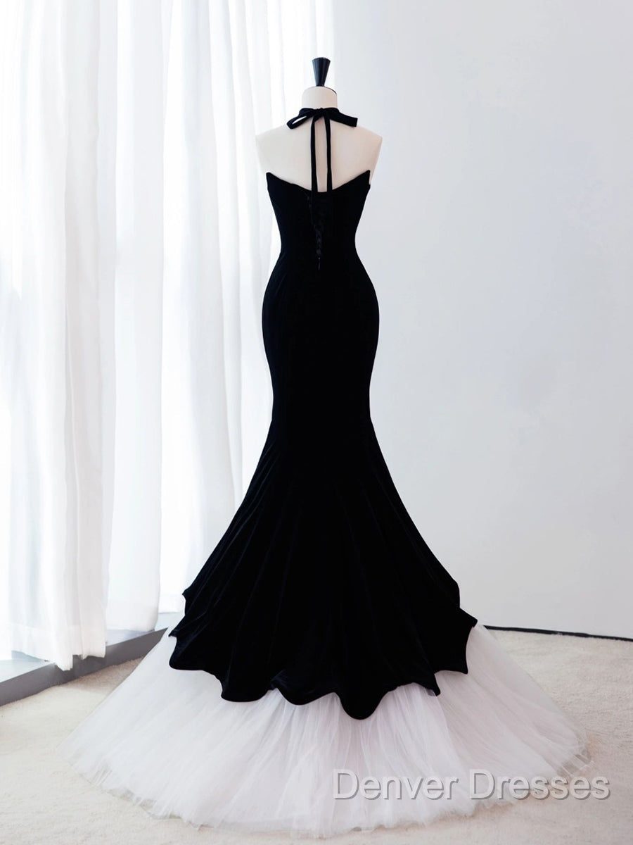 Black/White Velvet Mermaid Long Prom Dress, Black Formal Evening Dress Secondary image