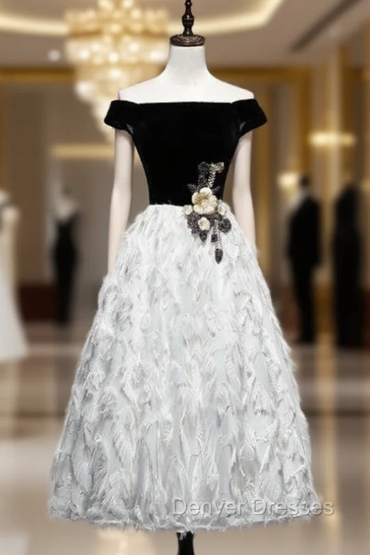 Black White Velvet Off the Shoulder Appliques Prom Dress Main image