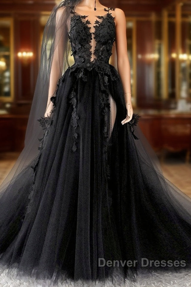 Black Lace Long Prom Dress, A-Line Backless Evening Dress