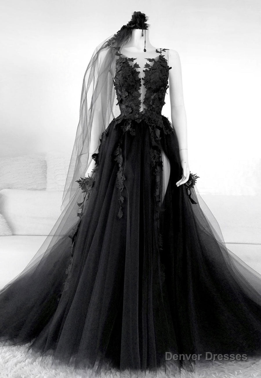 Black Lace Long Prom Dress, A-Line Backless Evening Dress Main image