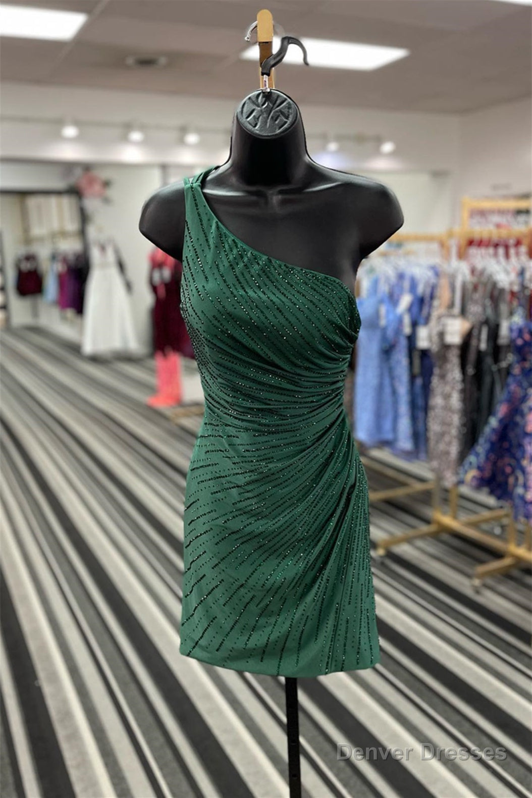 Dark Green One Shoulder Beaded Satin Sheath Homecoming Dress Main image
