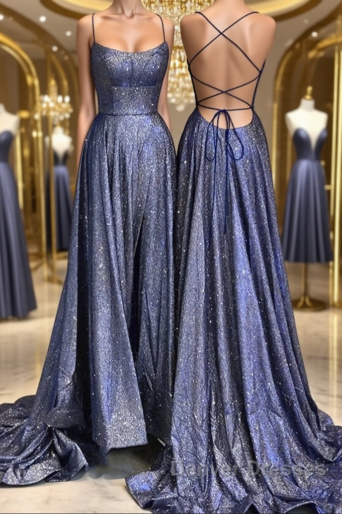 Bling Bling Backless Long Prom Dress, Open Back Blue Long Formal Evening Dress Main image