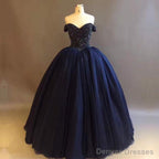 Bling Bling Crystal Beaded Bodice Corset Navy Blue Ball Gowns Wedding Dresses Off The Shoulder