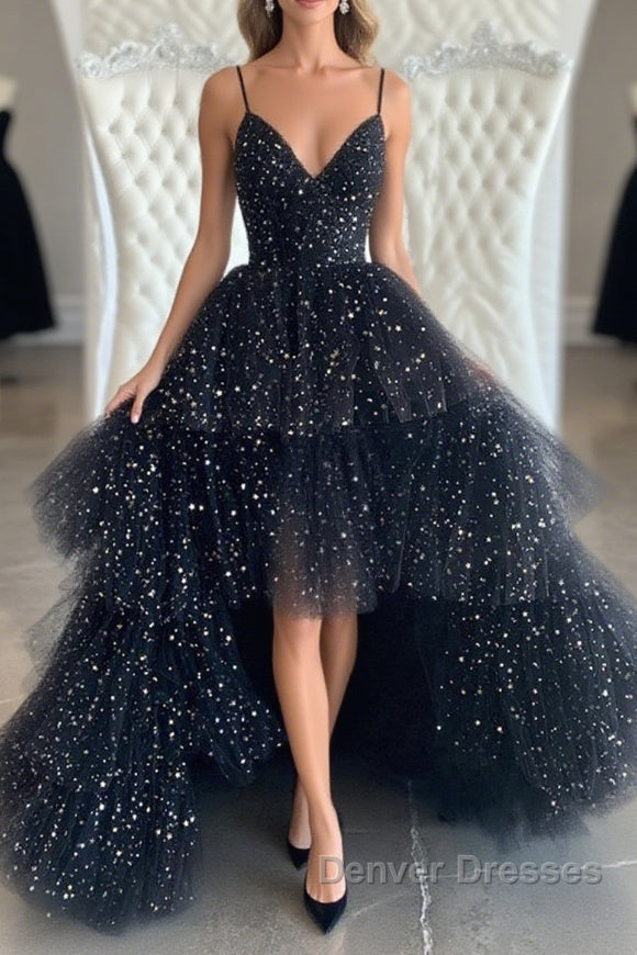Bling Bling V Neck High Low Black Long Prom Dress, Fluffy Black Formal Evening Dress, Ball Gown Main image