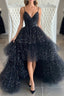 Bling Bling V Neck High Low Black Long Prom Dress, Fluffy Black Formal Evening Dress, Ball Gown