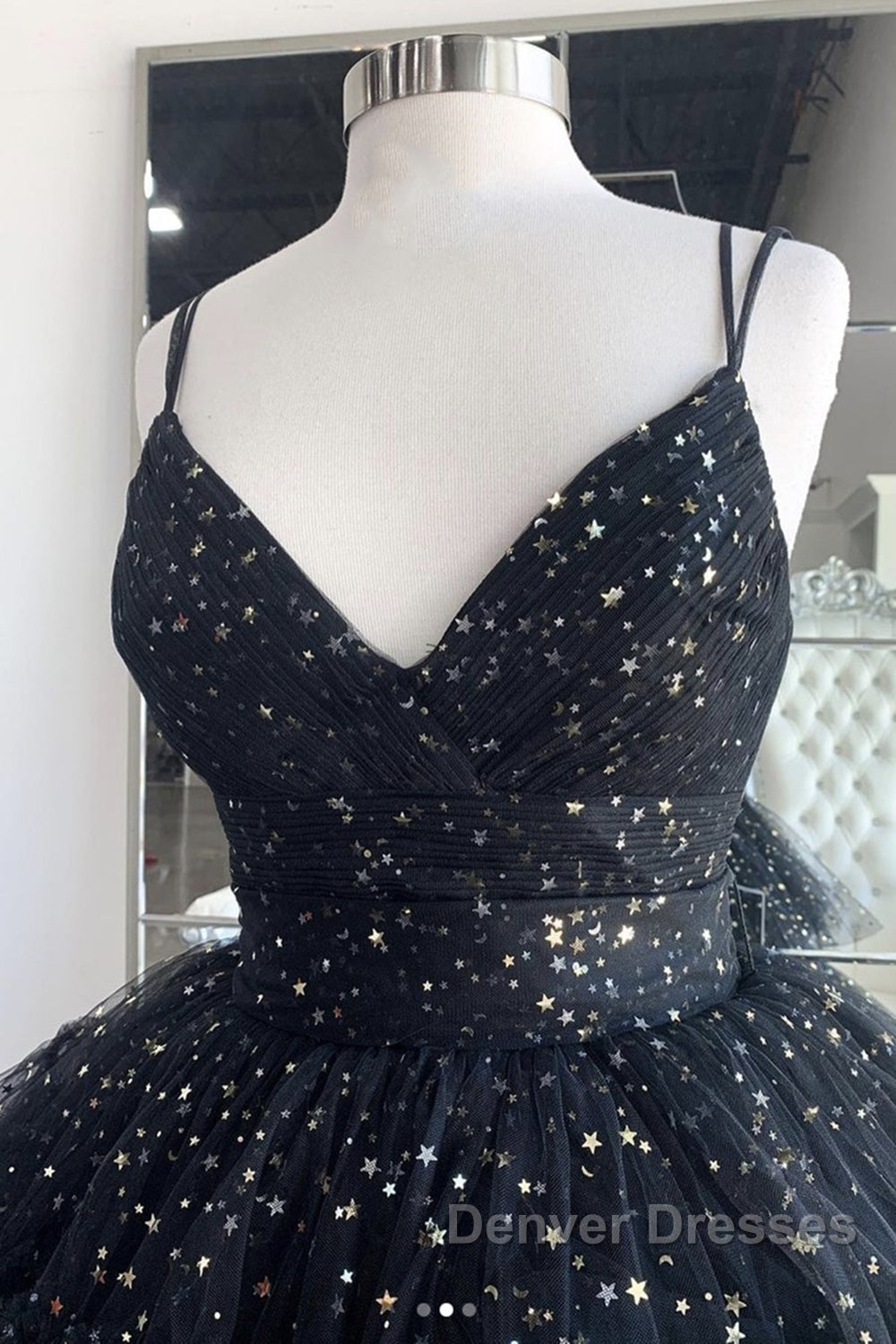 Bling Bling V Neck High Low Black Long Prom Dress, Fluffy Black Formal Evening Dress, Ball Gown