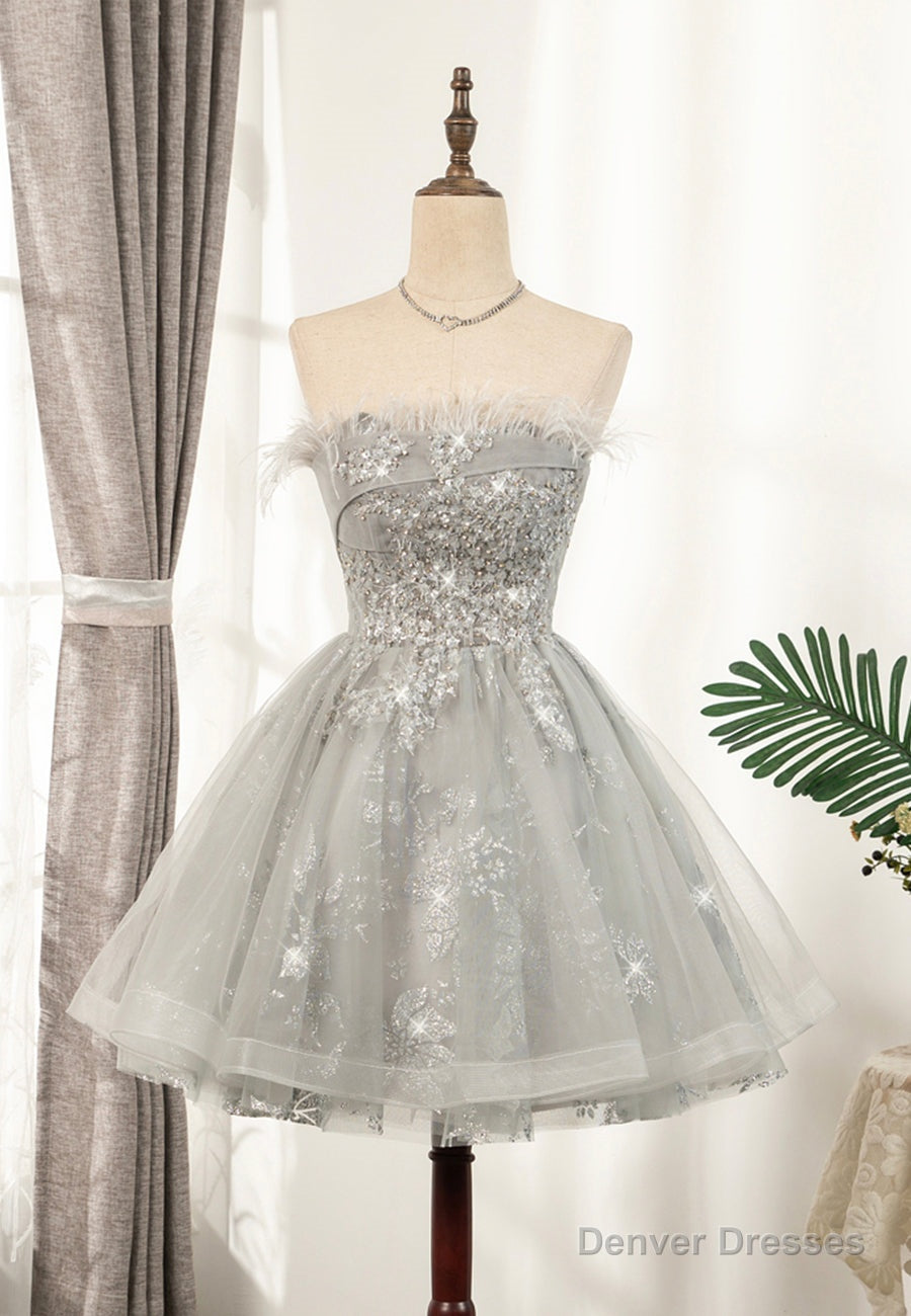 Gray Strapless Feather Short Prom Dresses, Cute Party Dresses Main image