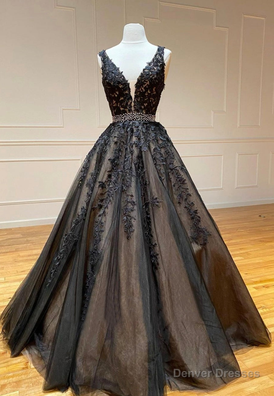 Black V-Neck Lace Long Prom Dresses, A-Line Evening Dresses Main image