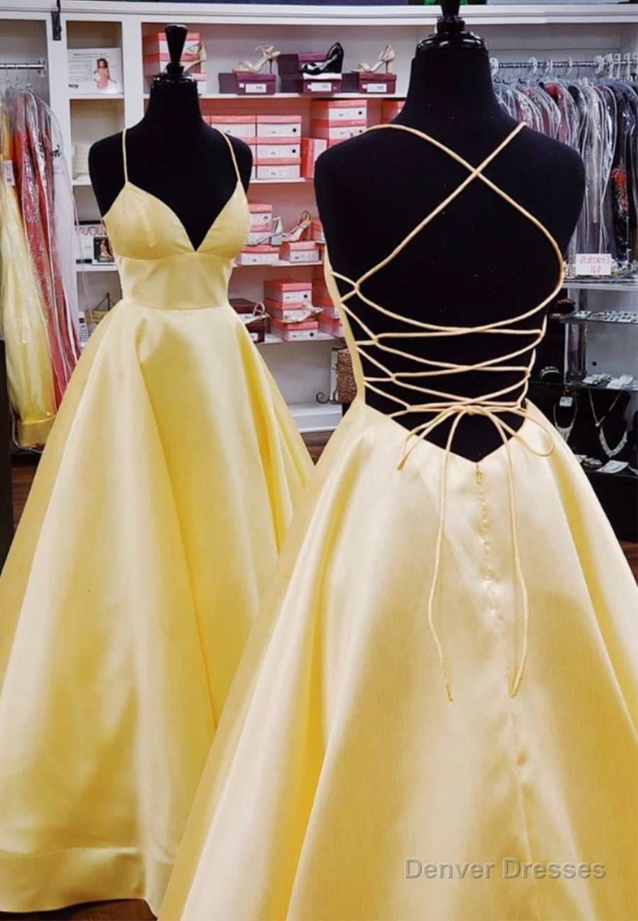 Yellow Satin Long Prom Dresses, Simple A-Line Evening Dresses Main image