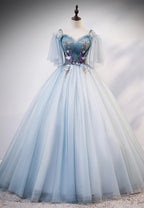 Lovely Spaghetti Strap Blue Long Prom Dresses, Lace Evening Dresses
