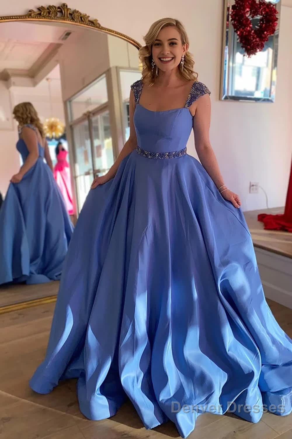 Blue A-Line Cap Sleeves Long Prom Dress with Beading Main image