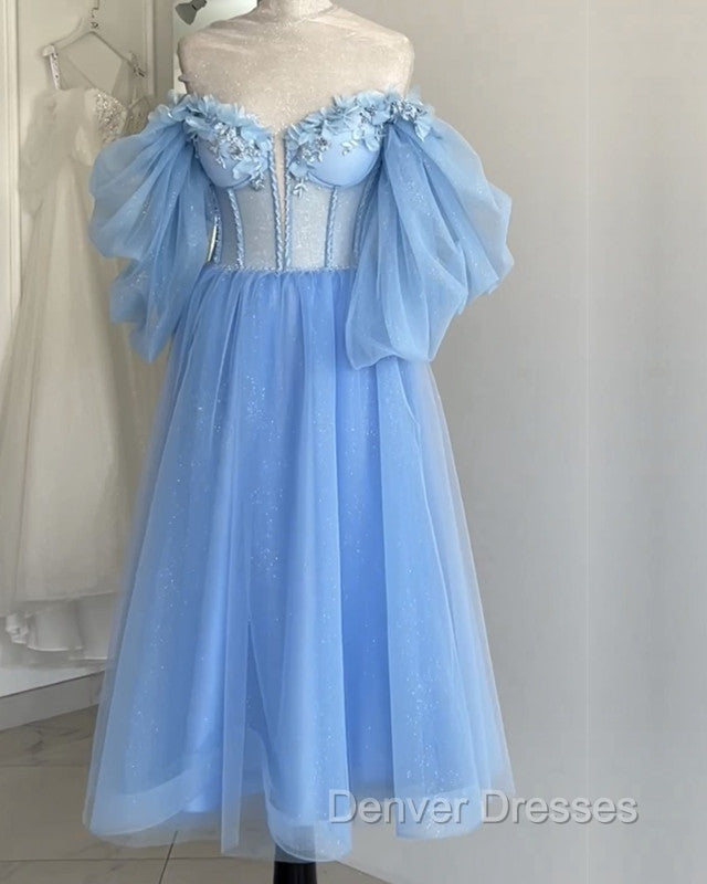 Blue A-Line Midi Tulle Corset Dress With Puffy Sleeves Secondary image
