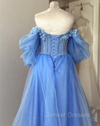 Blue A-Line Midi Tulle Corset Dress With Puffy Sleeves