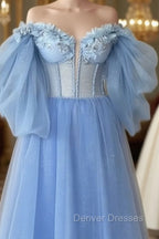 Blue A-Line Midi Tulle Corset Dress With Puffy Sleeves