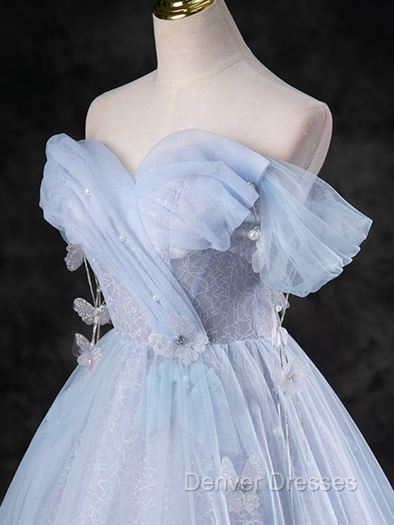 Blue A-Line Off Shoulder Tulle Long Prom Dress, Blue Formal Dress Secondary image