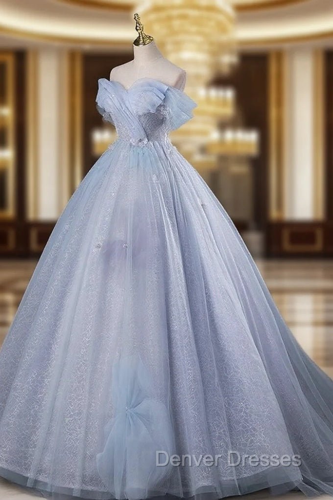 Blue A-Line Off Shoulder Tulle Long Prom Dress, Blue Formal Dress Main image