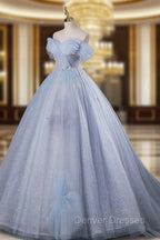 Blue A-Line Off Shoulder Tulle Long Prom Dress, Blue Formal Dress