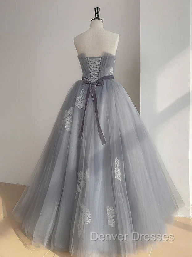 A Line Strapless Appliques Gray Tulle Long Prom Dress Evening Dress Secondary image