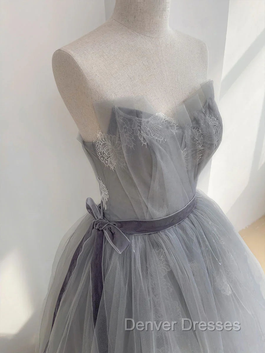 A Line Strapless Appliques Gray Tulle Long Prom Dress Evening Dress