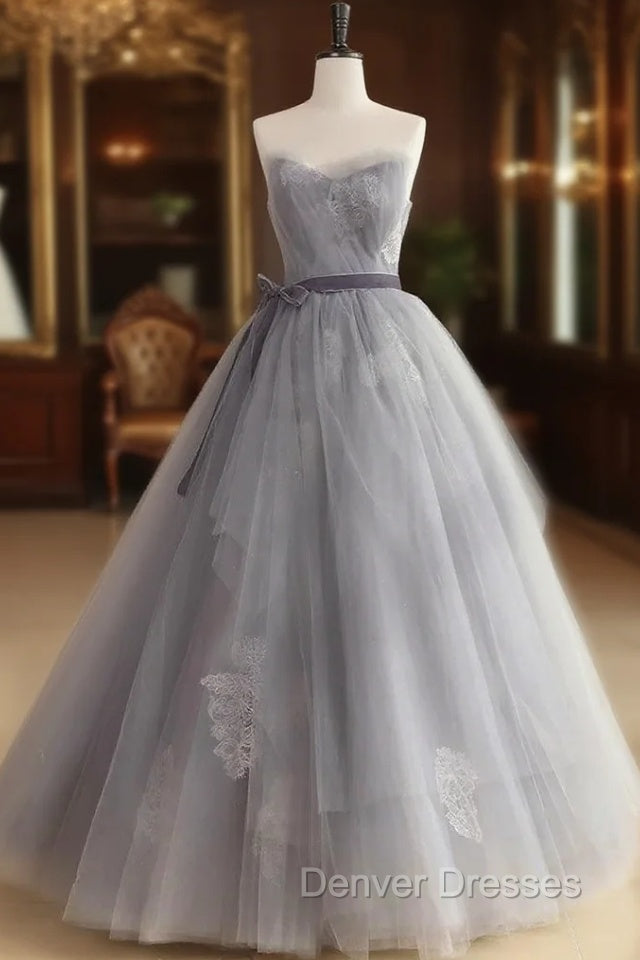 A Line Strapless Appliques Gray Tulle Long Prom Dress Evening Dress Main image