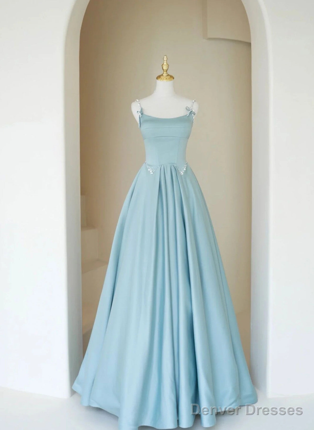 Blue A-Line Satin Beaded Long Prom Dress, Blue Evening Dress Formal Dress Main image