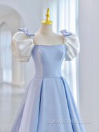 Blue A-Line Satin Long Prom Dress, Blue Satin Formal Evening Dress
