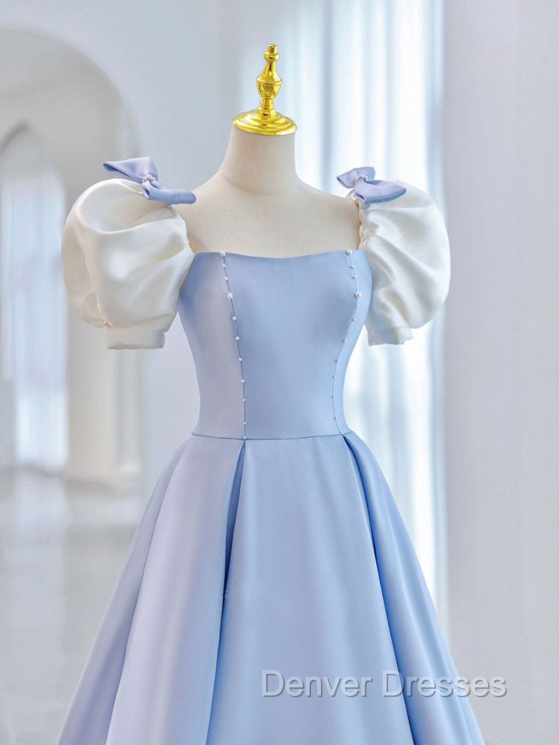 Blue A-Line Satin Long Prom Dress, Blue Satin Formal Evening Dress