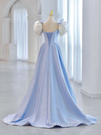 Blue A-Line Satin Long Prom Dress, Blue Satin Formal Evening Dress