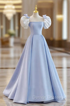 Blue A-Line Satin Long Prom Dress, Blue Satin Formal Evening Dress