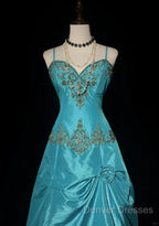 Blue A-Line Spaghetti Straps Satin Beaded Long Prom Dress Sweetheart Neck Applique Graduation Prom Dress