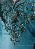 Blue A-Line Spaghetti Straps Satin Beaded Long Prom Dress Sweetheart Neck Applique Graduation Prom Dress