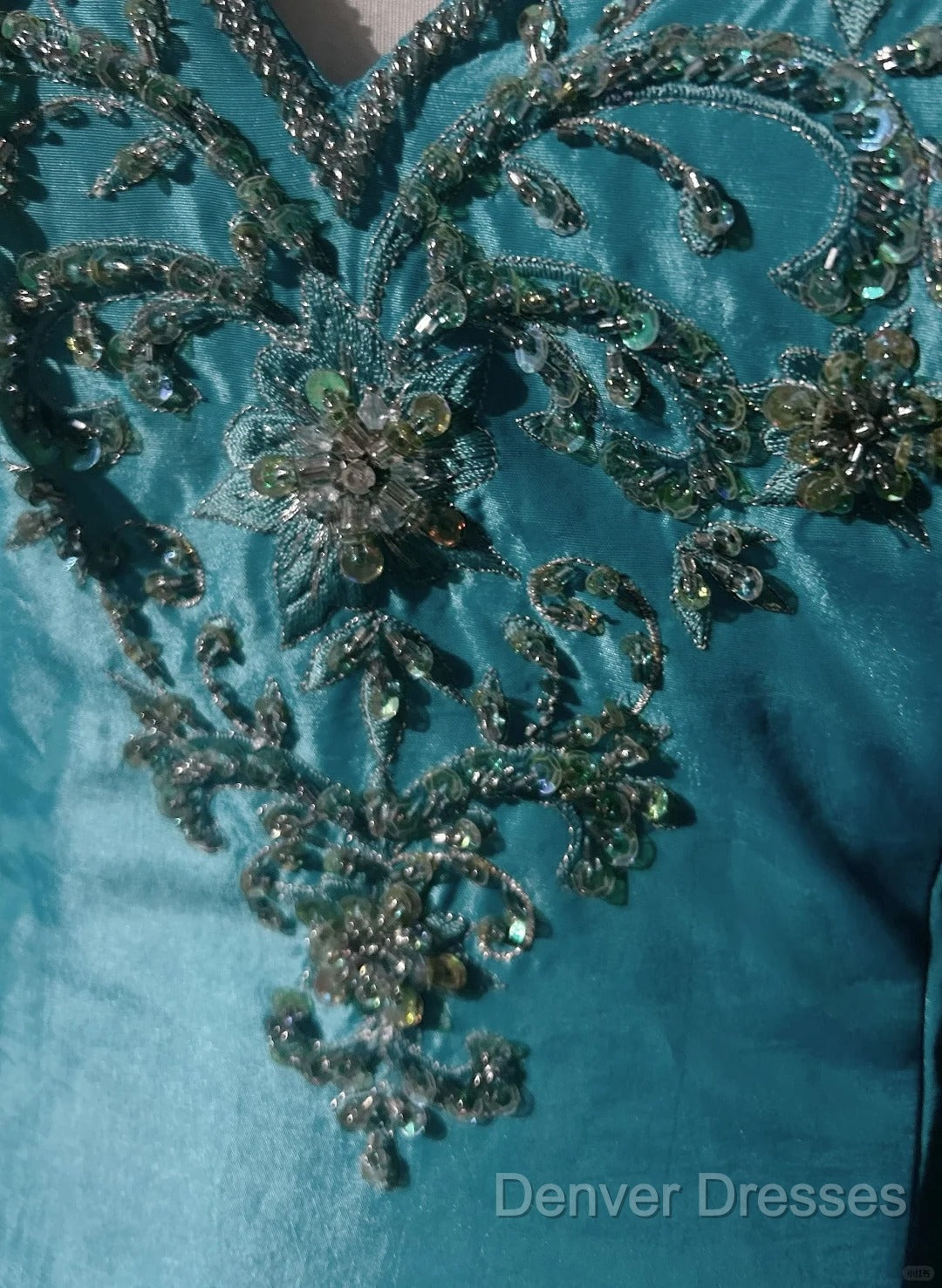 Blue A-Line Spaghetti Straps Satin Beaded Long Prom Dress Sweetheart Neck Applique Graduation Prom Dress