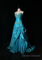Blue A-Line Spaghetti Straps Satin Beaded Long Prom Dress Sweetheart Neck Applique Graduation Prom Dress