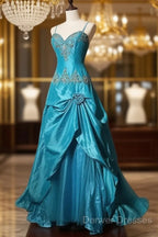 Blue A-Line Spaghetti Straps Satin Beaded Long Prom Dress Sweetheart Neck Applique Graduation Prom Dress