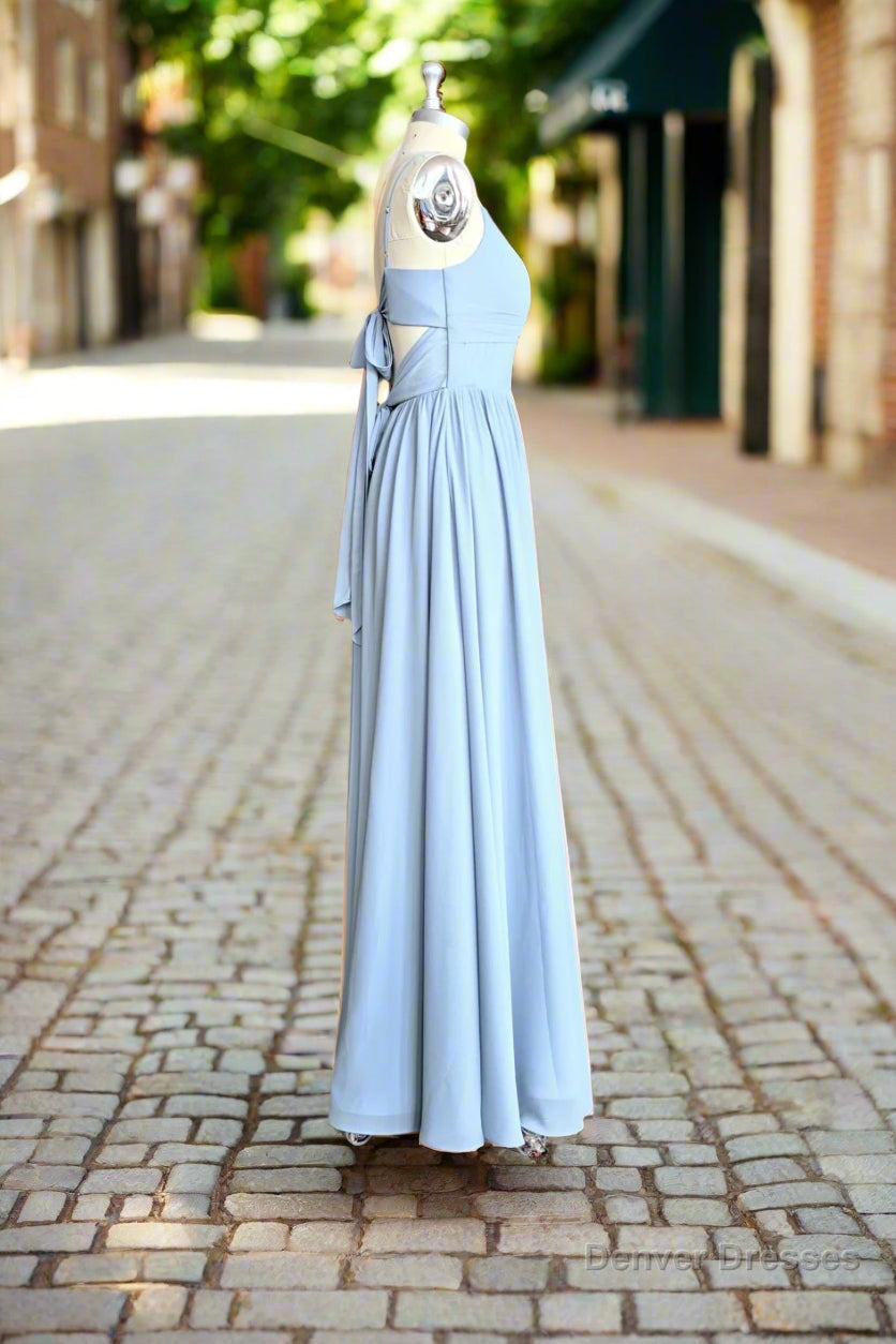 Blue A Line Spaghetti Straps V-Neck Pleated Floor Length Chiffon Long Bridesmaid Dress Secondary image