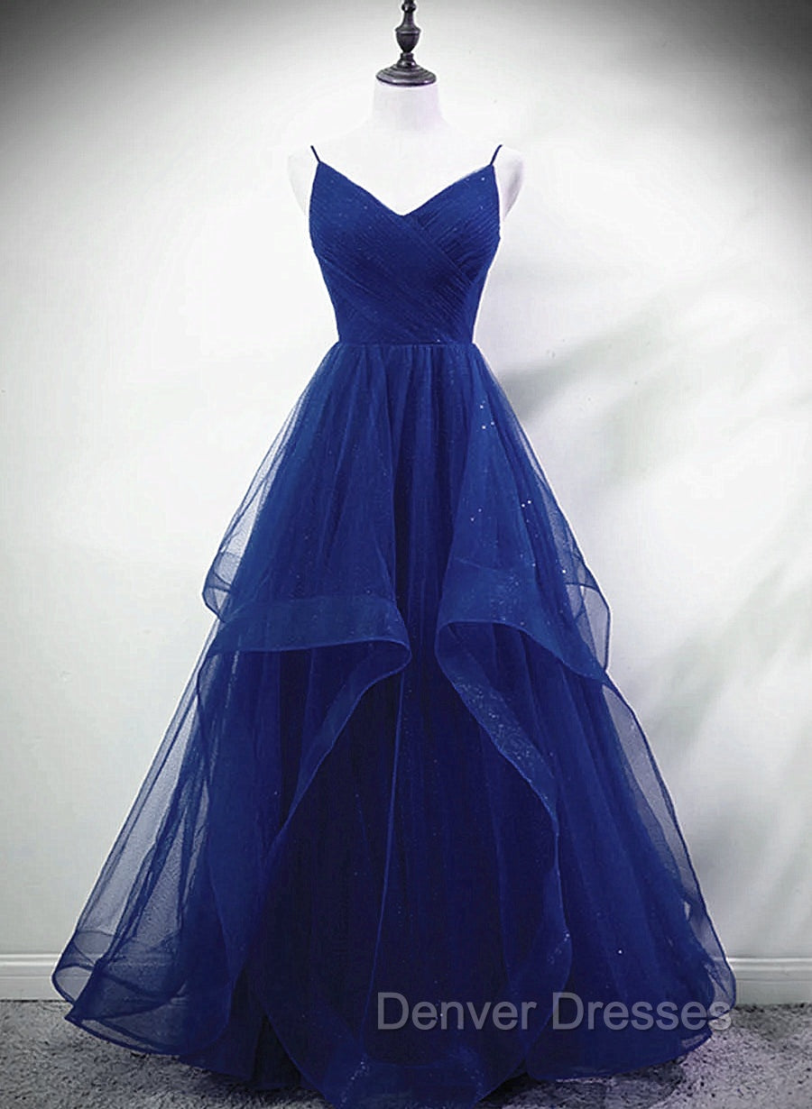Blue A-line Straps Tulle Layers Long Party Dress, Blue Long Prom Dress Main image