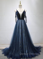 Blue A-line Straps Tulle Long Evening Dress Party Dress, Blue Bridesmaid Dress